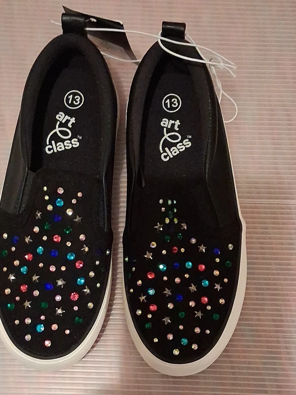 art class Black Slip-On Sneakers with Multicolor Gem Accents